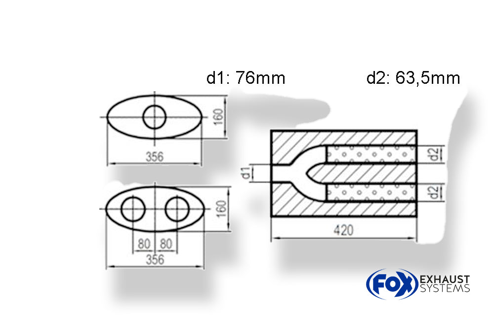 FoxUni-Schalldämpfer oval zweiflutig mit Hose - Abwicklung 818 356x160mm, d1Ø 76mm  d2Ø 63,5mm, Länge: 420mm