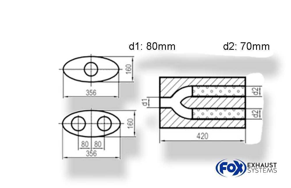 FoxUni-Schalldämpfer oval zweiflutig mit Hose - Abwicklung 818 356x160mm, d1Ø 80mm  d2Ø 70mm, Länge: 420mm
