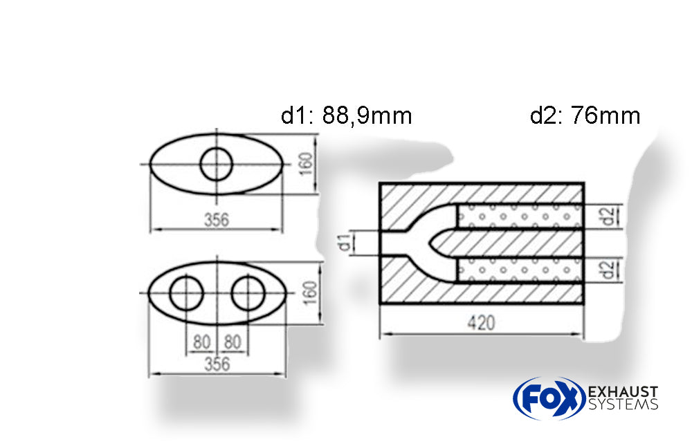 FoxUni-Schalldämpfer oval zweiflutig mit Hose - Abwicklung 818 356x160mm, d1Ø 88mm  d2Ø 76mm, Länge: 420mm
