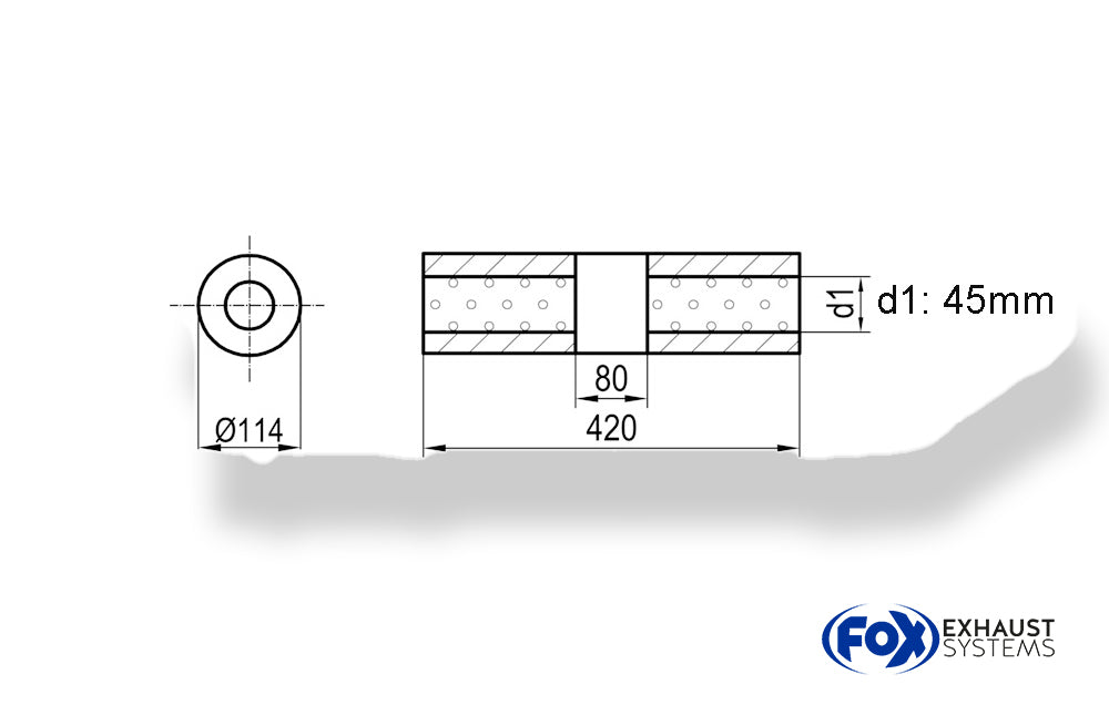 Fox Uni-Schalldämpfer rund ohne Stutzen mit Kammer - Abw. 355 Ø 114mm, d1Ø 45mm (außen), Länge: 420mm