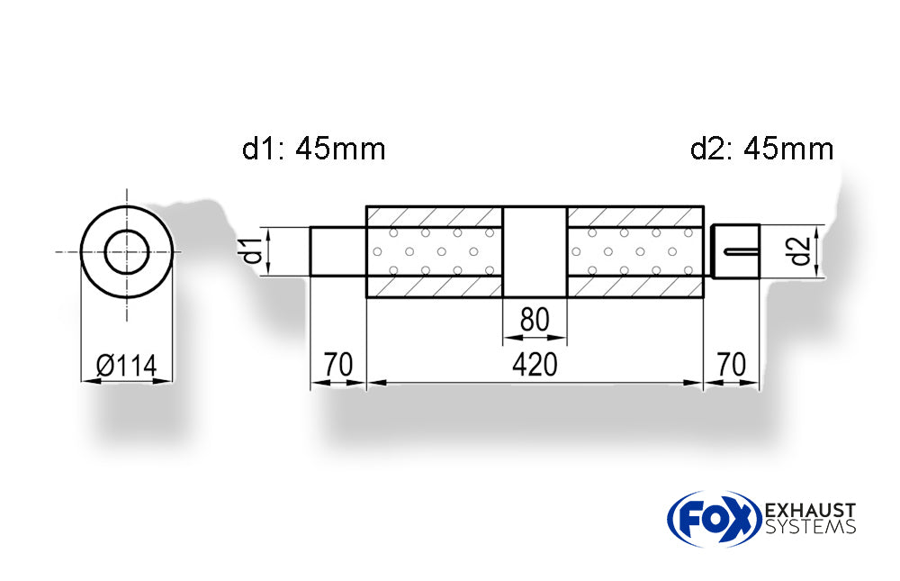 Fox Uni-Schalldämpfer rund mit Kammer + Stutzen - Abw. 355 Ø 114mm, d1Ø 45mm (außen), d2Ø 45mm (innen), Länge: 420mm