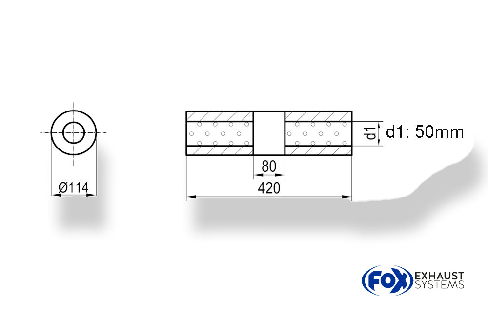 Fox Uni-Schalldämpfer rund ohne Stutzen mit Kammer - Abw. 355 Ø 114mm, d1Ø 50mm (außen), Länge: 420mm