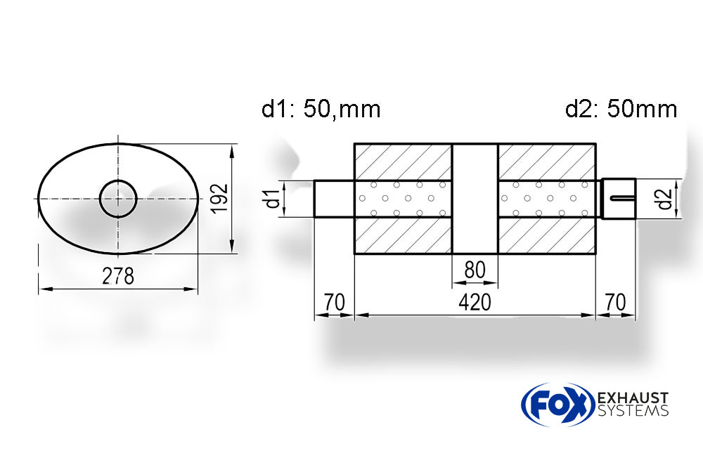 Fox Uni-Schalldämpfer rund mit Kammer + Stutzen - Abw. 355 Ø 114mm, d1Ø 50mm (außen), d2Ø 50mm (innen), Länge: 420mm