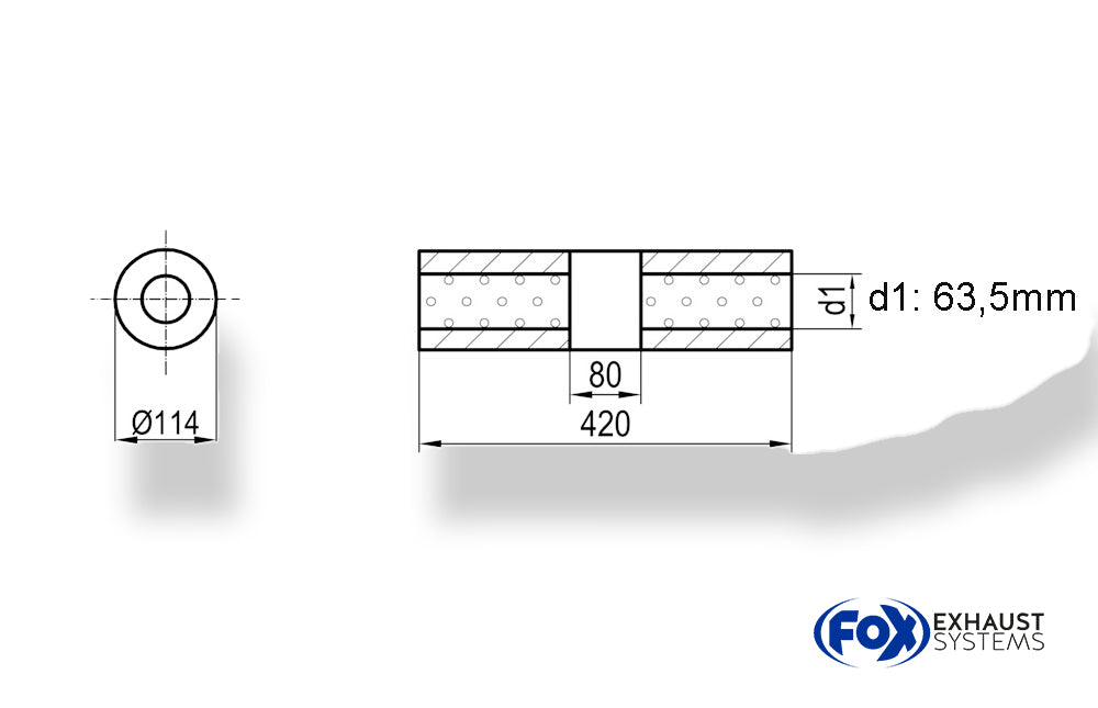 Fox Uni-Schalldämpfer rund ohne Stutzen mit Kammer - Abw. 355 Ø 114mm, d1Ø 63,5mm (außen), Länge: 420mm