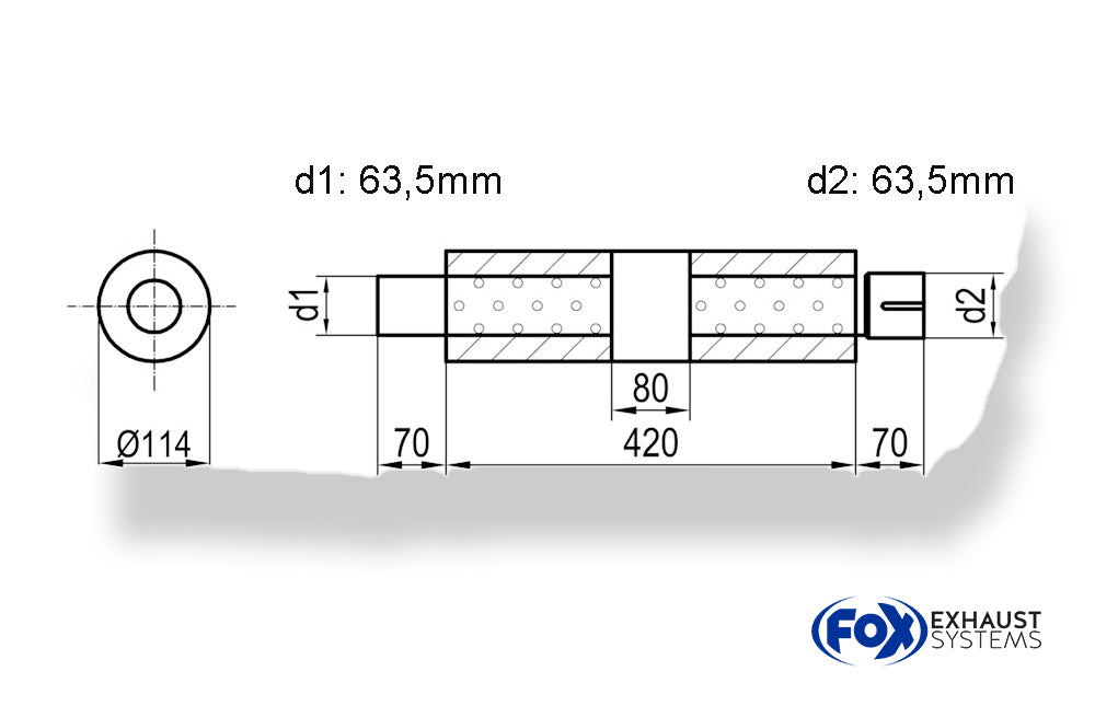 Fox Uni-Schalldämpfer rund mit Kammer + Stutzenr - Abw. 355 Ø 114mm, d1Ø 63,5mm (außen), d2Ø 63,5mm (innen), Länge: 420mm