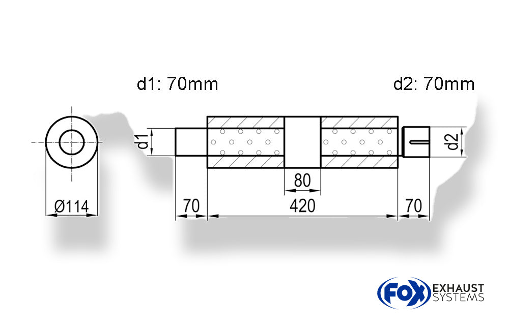 Fox Uni-Schalldämpfer rund mit Kammer + Stutzen - Abw. 355 Ø 114mm, d1Ø 70mm (außen), d2Ø 70mm (innen), Länge: 420mm