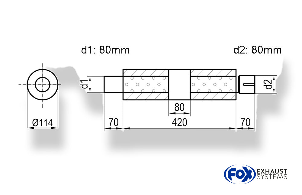 Fox Uni-Schalldämpfer rund mit Kammer + Stutzen - Abw. 355 Ø 114mm, d1Ø 80mm (außen), d2Ø 80mm (innen), Länge: 420mm