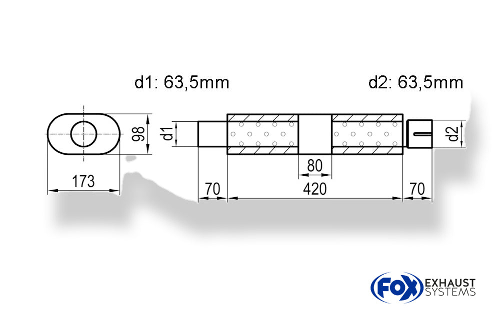 Fox Uni-Schalldämpfer oval mit Kammer + Stutzen - Abw. 450 173x98mm, d1Ø 63,5mm (außen), d2Ø 63,5mm (innen), Länge: 420mm