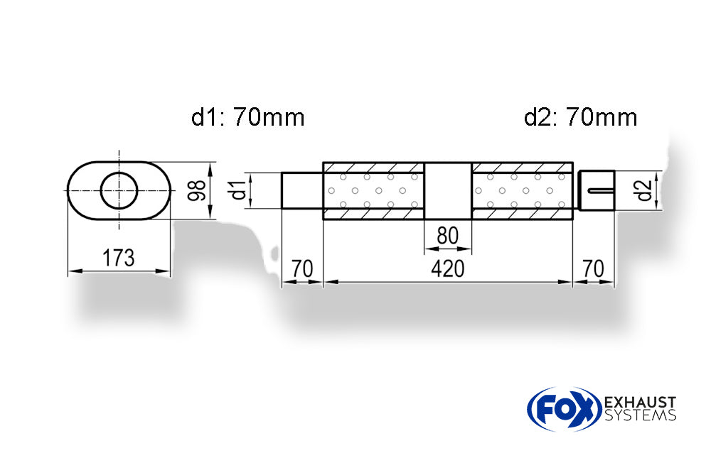 Fox Uni-Schalldämpfer oval mit Kammer + Stutzen - Abw. 450 173x98mm, d1Ø 70mm (außen), d2Ø 70mm (innen), Länge: 420mm