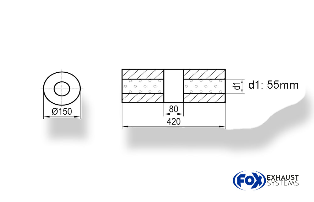 Fox Uni-Schalldämpfer rund ohne Stutzen mit Kammer - Abw. 466 Ø 150mm, d1Ø 55mm (außen), Länge: 420mm