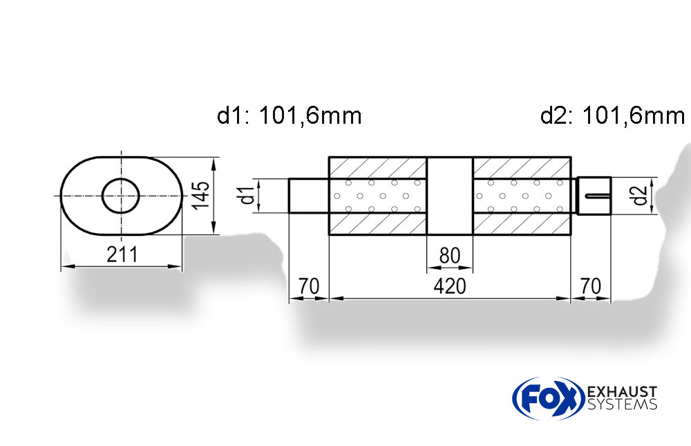 Fox Uni-Schalldämpfer Oval mit Kammer + Stutzen - Abw. 585 211x145, d1Ø 101,6mm (außen), d2Ø 101,6mm (innen), Länge: 420mm