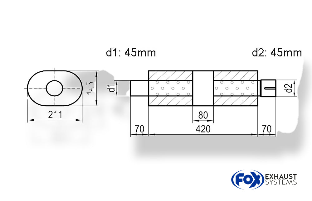 Fox Uni-Schalldämpfer Oval mit Kammer + Stutzen - Abw. 585 211x145, d1Ø 45mm (außen), d2Ø 45mm (innen), Länge: 420mm