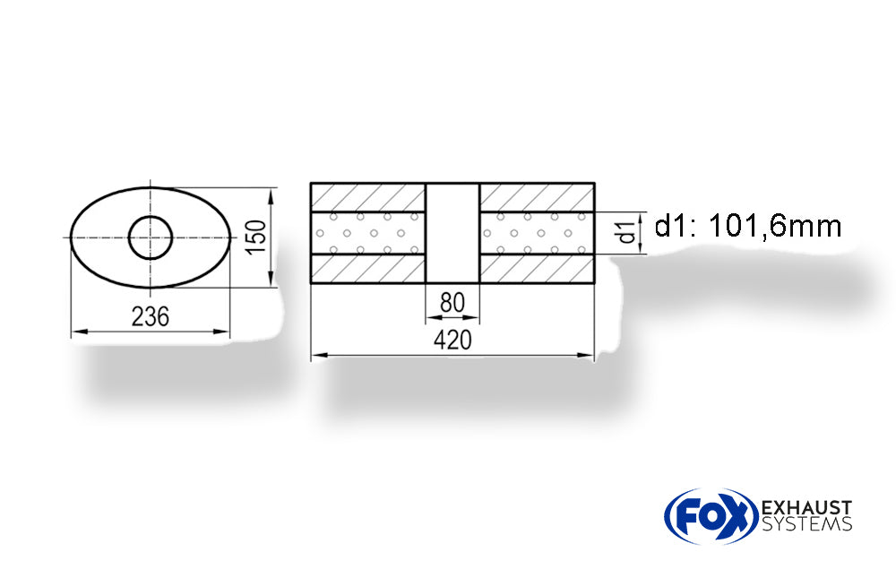 Fox Uni-Schalldämpfer oval ohne Stutzen mit Kammer - Abw. 618 236x150mm, d1Ø 101,6mm, Länge: 420mm