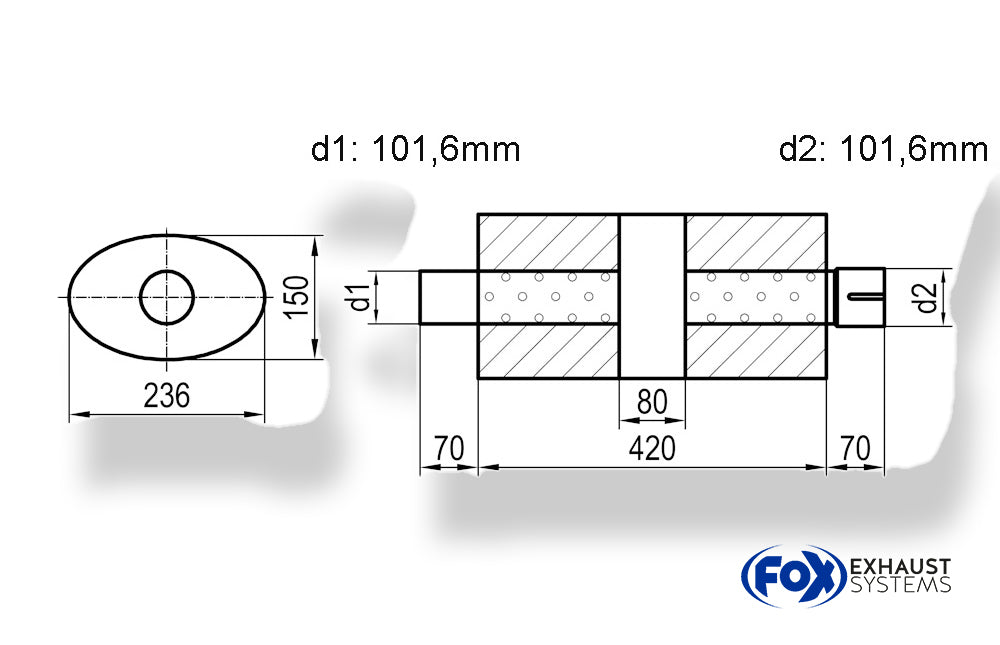Fox Uni-Schalldämpfer oval mit Kammer + Stutzen - Abw. 618 236x150mm, d1Ø 101,6mm (außen) d2Ø 101,6mm (innen), Länge: 420mm