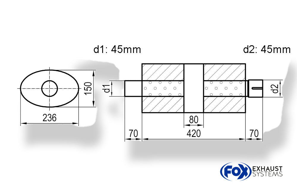 Fox Uni-Schalldämpfer oval mit Kammer + Stutzen - Abw. 618 236x150, d1Ø 45mm (außen) d2Ø 45mm (innen), Länge: 420mm