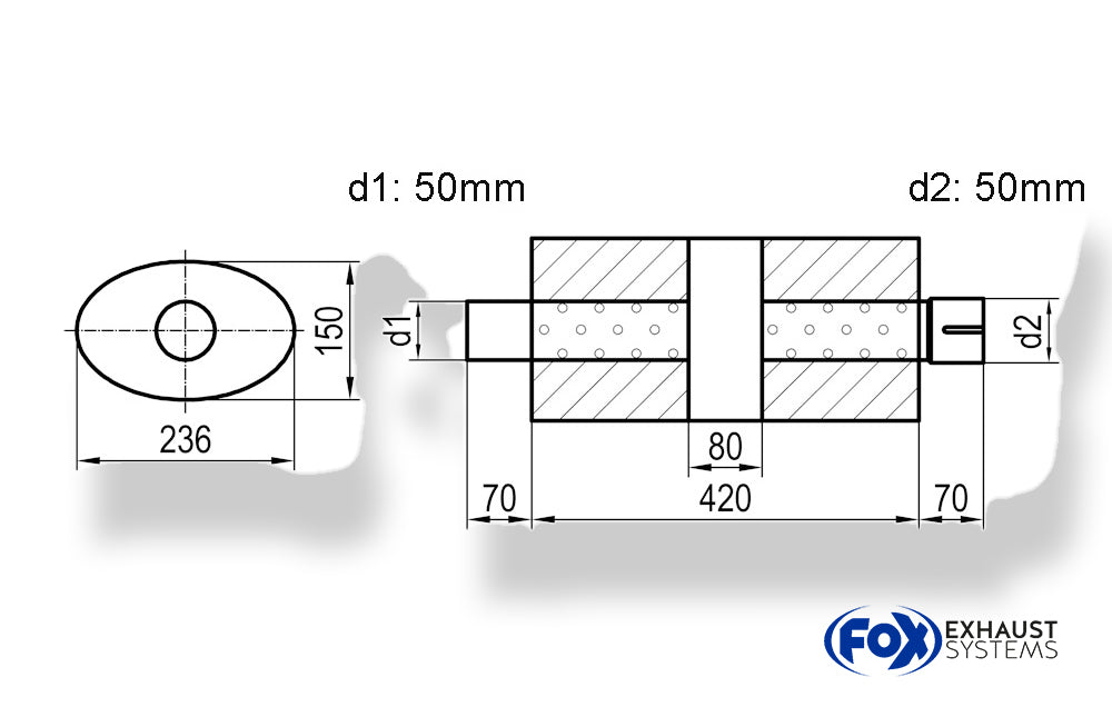 Fox Uni-Schalldämpfer oval mit Kammer + Stutzen - Abw. 618 236x150, d1Ø 50mm (außen) d2Ø 50mm (innen), Länge: 420mm