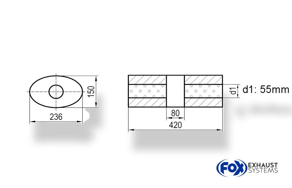 Fox Uni-Schalldämpfer oval ohne Stutzen mit Kammer - Abw. 618 236x150mm, d1Ø 55mm, Länge: 420mm