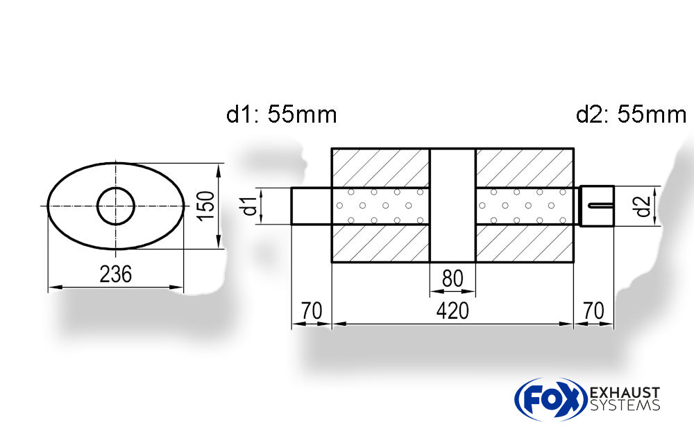 Fox Uni-Schalldämpfer oval mit Kammer + Stutzen - Abw. 618 236x150, d1Ø 55mm (außen) d2Ø 55mm (innen), Länge: 420mm