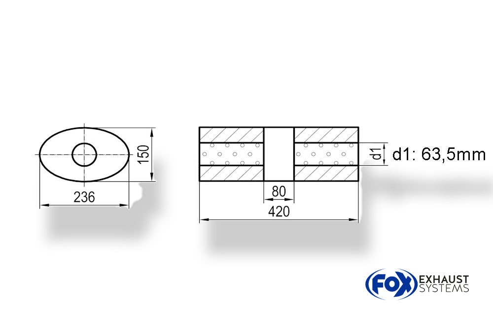 Fox Uni-Schalldämpfer oval ohne Stutzen mit Kammer - Abw. 618 236x150mm, d1Ø 63,5mm, Länge: 420mm