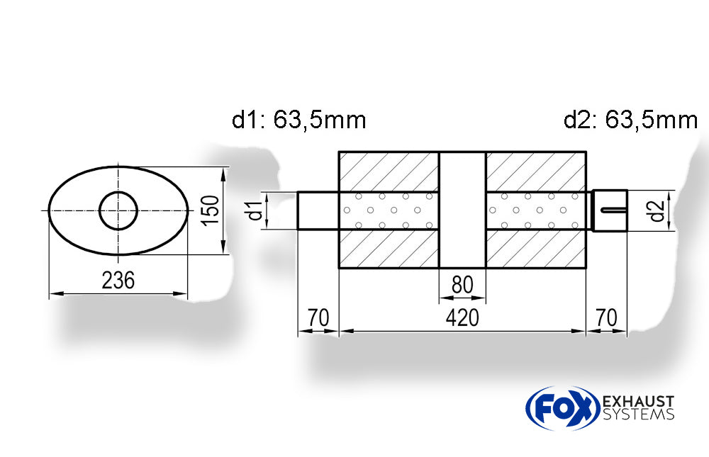 Fox Uni-Schalldämpfer oval mit Kammer + Stutzen - Abw. 618 236x150, d1Ø 63,5mm (außen) d2Ø 63,5mm (innen), Länge: 420mm