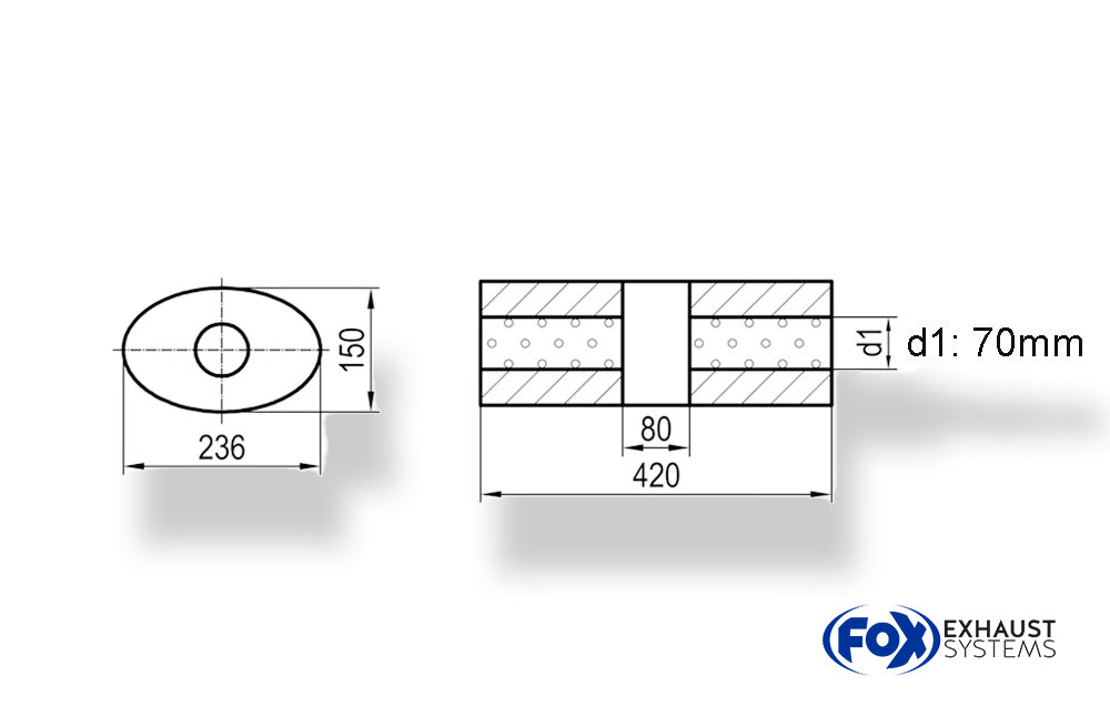 Fox Uni-Schalldämpfer oval ohne Stutzen mit Kammer - Abw. 618 236x150, d1Ø 70mm (außen), Länge: 420mm