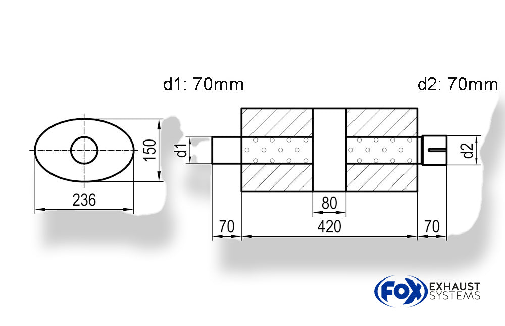 Fox Uni-Schalldämpfer oval mit Kammer + Stutzen - Abw. 618 236x150, d1Ø 70mm (außen) d2Ø 70mm (innen), Länge: 420mm