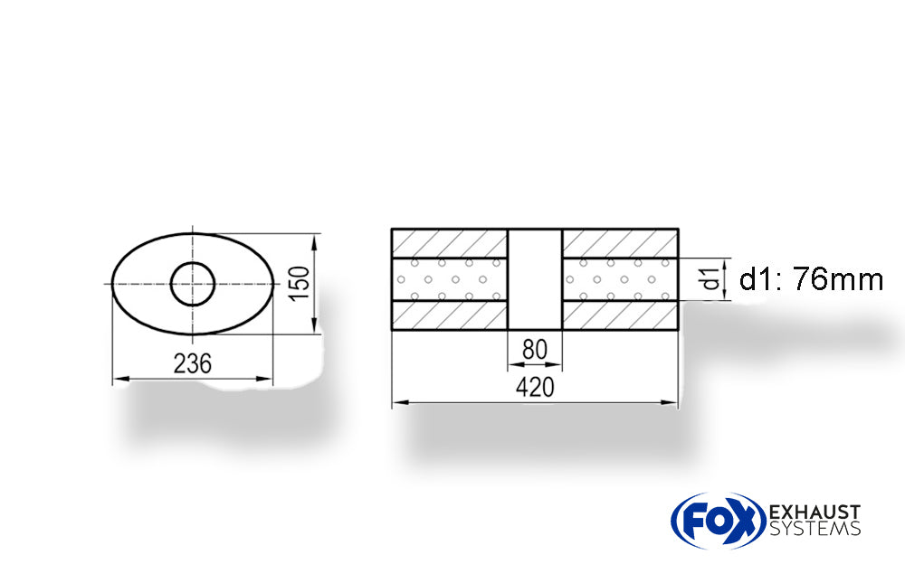 Fox Uni-Schalldämpfer oval ohne Stutzen mit Kammer - Abw. 618 236x150, d1Ø 76mm (außen), Länge: 420mm