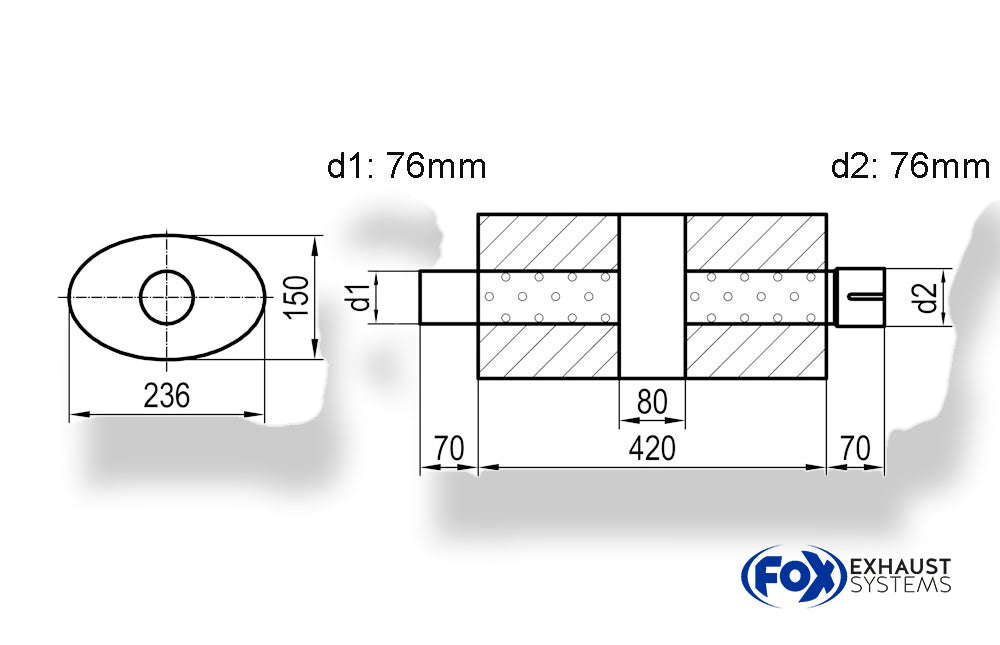 Fox Uni-Schalldämpfer oval mit Kammer + Stutzen - Abw. 618 236x150, d1Ø 76mm (außen)  d2Ø 76mm (innen), Länge: 420mm