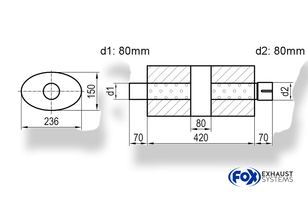 Fox Uni-Schalldämpfer oval mit Kammer + Stutzen - Abw. 618 236x150, d1Ø 80mm (außen) d2Ø 80mm (innen), Länge: 420mm