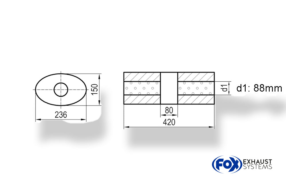 Fox Uni-Schalldämpfer oval ohne Stutzen mit Kammer - Abw. 618 236x150mm, d1Ø 88,9mm (außen), Länge: 420mm