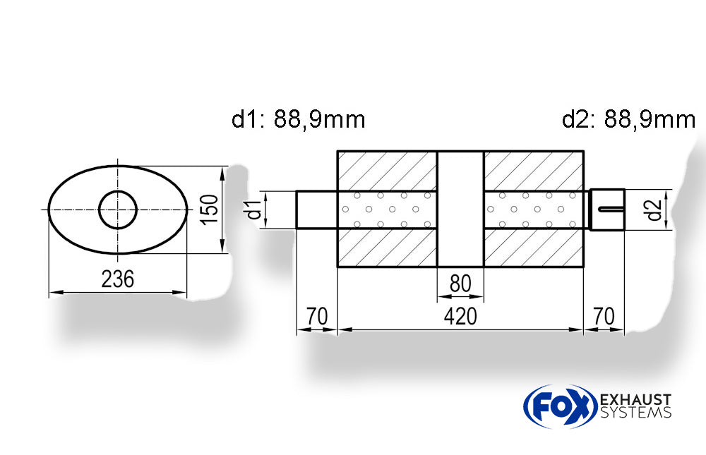 Fox Uni-Schalldämpfer oval mit Kammer + Stutzen - Abw. 618 236x150mm, d1Ø 88,9mm (außen) d2Ø 88,9mm (innen), Länge: 420mm