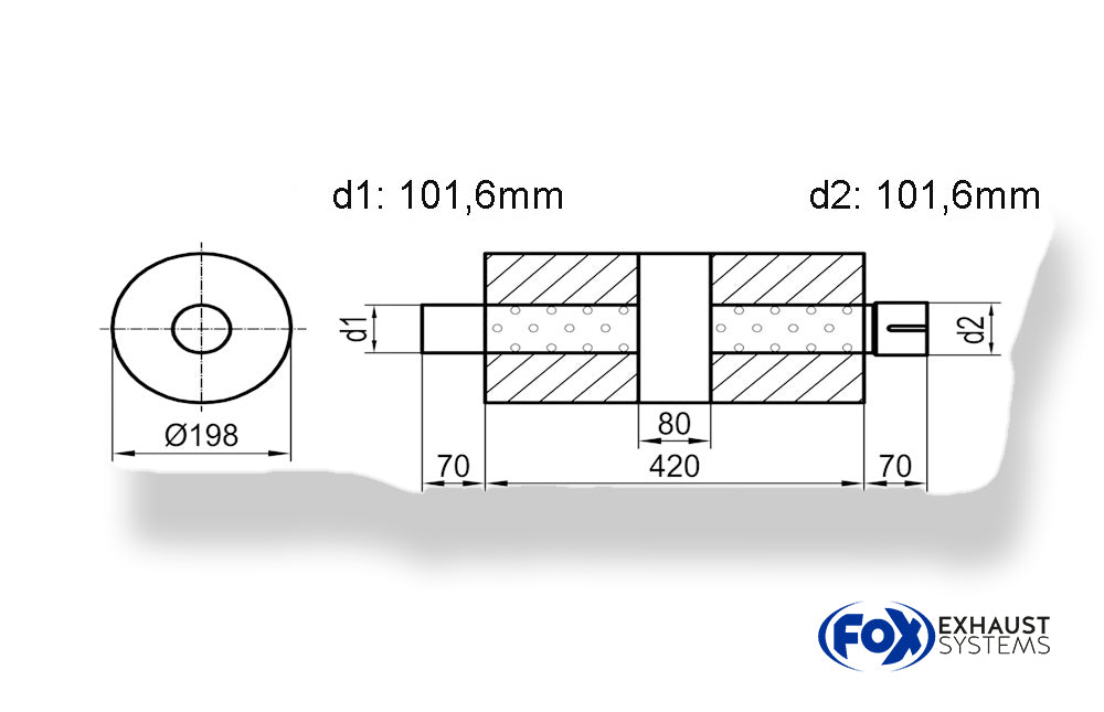Fox Uni-Schalldämpfer rund mit Kammer + Stutzen - Abw. 626 Ø 198mm, d1Ø 101mm (außen)  d2Ø 101mm (innen) , Länge: 420mm