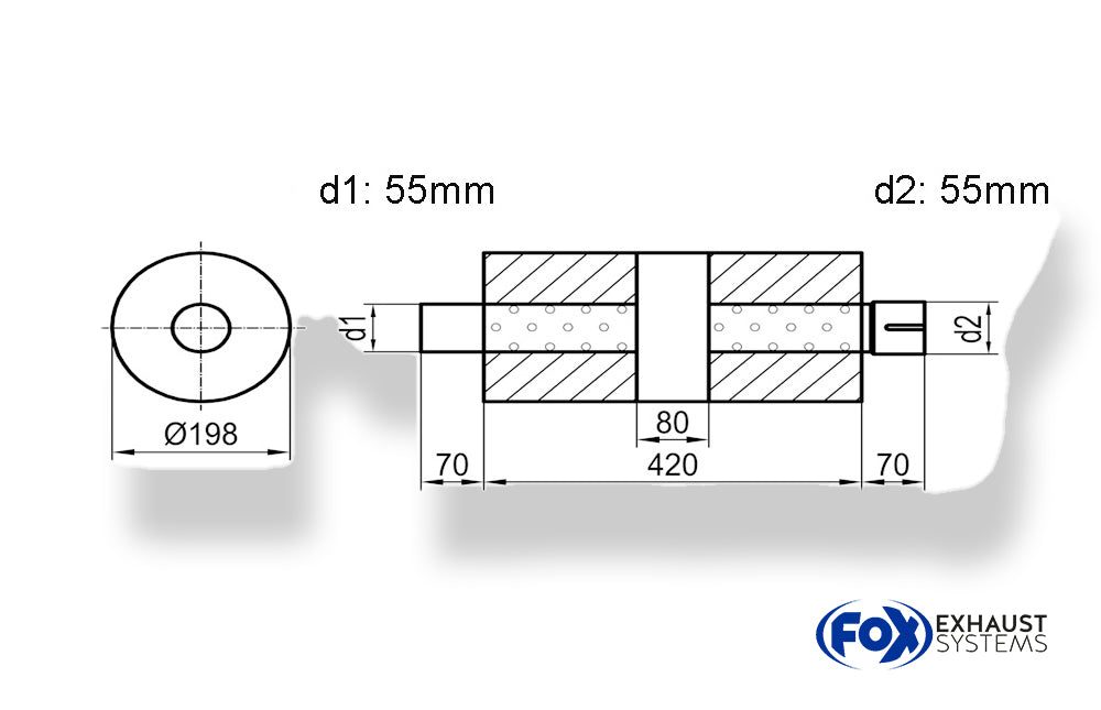 Fox Uni-Schalldämpfer rund mit Kammer + Stutzen - Abw. 626 Ø 198mm, d1Ø 55mm (außen)  d2Ø 55,5mm (innen), Länge: 420mm