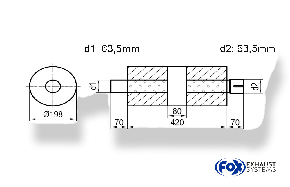 Fox Uni-Schalldämpfer rund mit Kammer + Stutzen - Abw. 626 Ø 198mm, d1Ø 63,5mm (außen) d2Ø 63,5mm (innen), Länge: 420mm