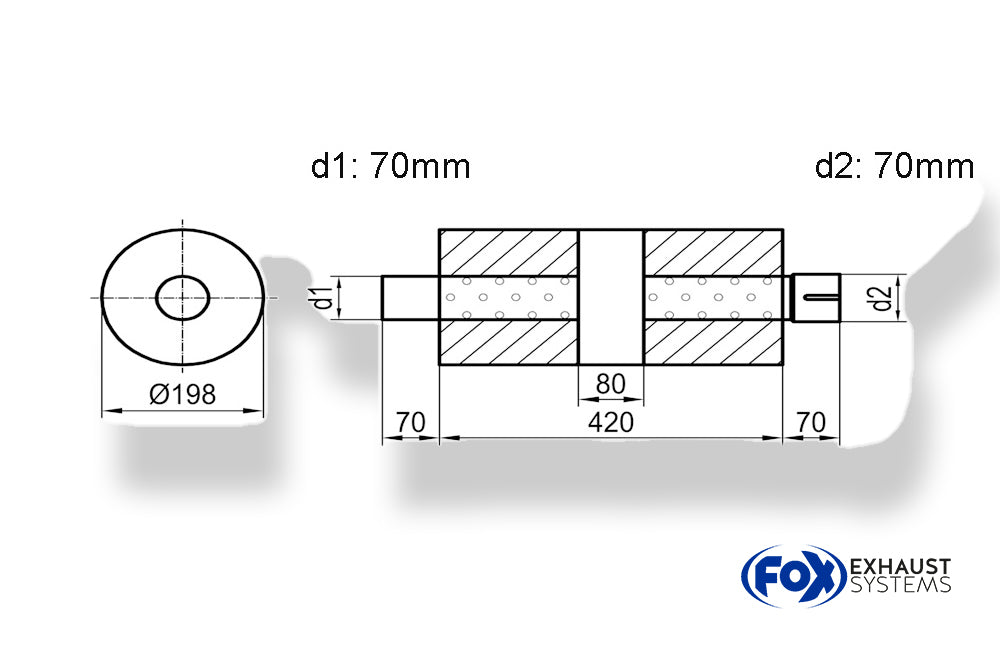 Fox Uni-Schalldämpfer rund mit Kammer + Stutzen - Abw. 626 Ø 198mm, d1Ø 70mm (außen)  d2Ø 70mm (innen), Länge: 420mm