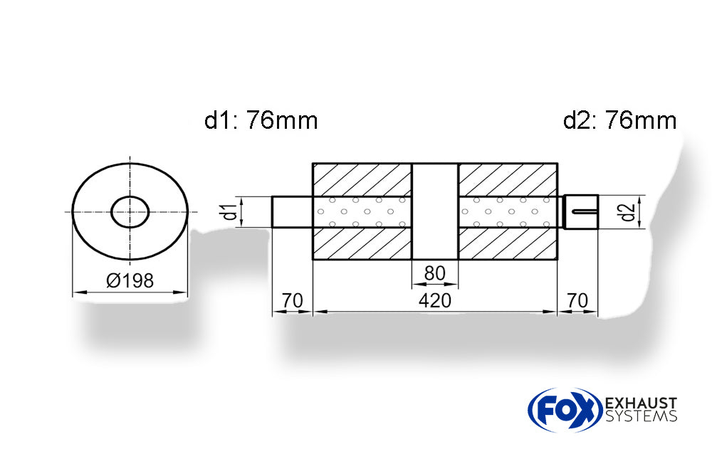 Fox Uni-Schalldämpfer rund mit Kammer + Stutzen - Abw. 626 Ø 198mm, d1Ø 76mm (außen)  d2Ø 76mm (innen), Länge: 420mm