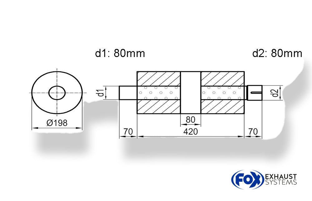 Fox Uni-Schalldämpfer rund mit Kammer + Stutzen - Abw. 626 Ø 198mm, d1Ø 80mm (außen)  d2Ø 80mm (innen), Länge: 420mm