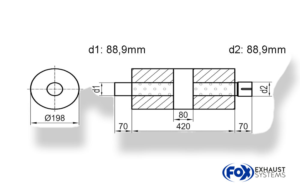 Fox Uni-Schalldämpfer rund mit Kammer + Stutzen - Abw. 626 Ø 198mm, d1Ø 88,9mm (außen)  d2Ø 88,9mm (innen), Länge: 420mm
