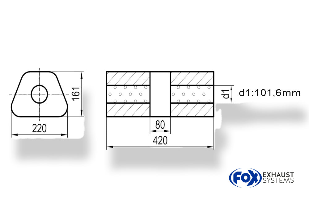 Fox Uni-Schalldämpfer trapez ohne Stutzen mit Kammer - Abw. 644 220x161mm, d1Ø 101,6mm, Länge: 420mm