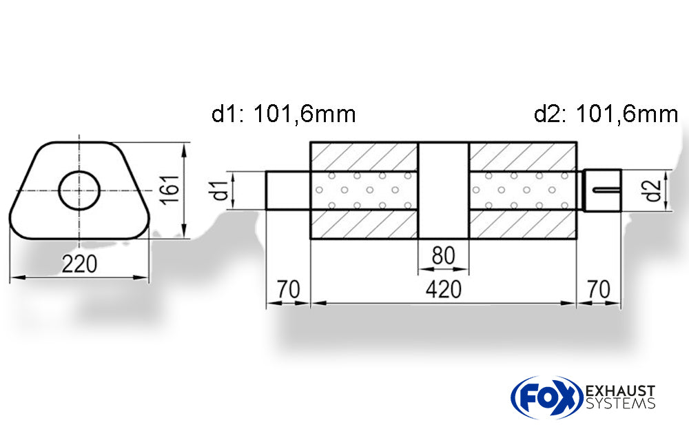 Fox Uni-Schalldämpfer trapez mit Kammer + Stutzen - Abw. 644 220x161mm, d1Ø 101,6mm (außen), d2Ø 101,6mm (innen), Länge: 420mm