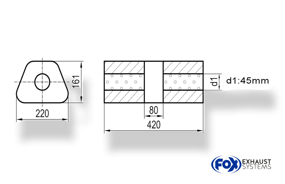 Fox Uni-Schalldämpfer trapez ohne Stutzen mit Kammer - Abw. 644 220x161mm, d1Ø 45mm, Länge: 420mm