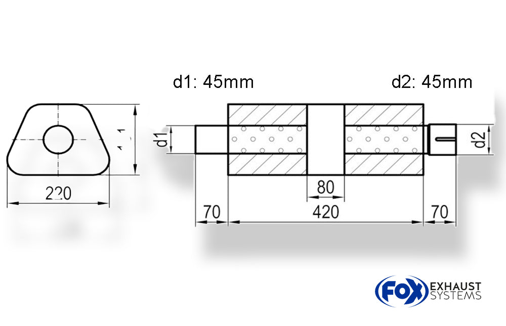 Fox Uni-Schalldämpfer trapez mit Kammer + Stutzen - Abw. 644 220x161mm, d1Ø 45mm (außen), d2Ø 45mm (innen), Länge: 420mm