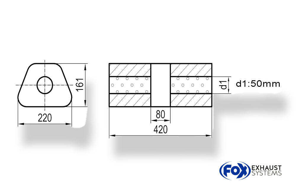 Fox Uni-Schalldämpfer trapez ohne Stutzen mit Kammer - Abw. 644 220x161mm, d1Ø 50mm, Länge: 420mm