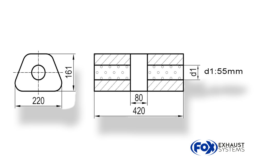 Fox Uni-Schalldämpfer trapez ohne Stutzen mit Kammer - Abw. 644 220x161mm, d1Ø 55mm, Länge: 420mm