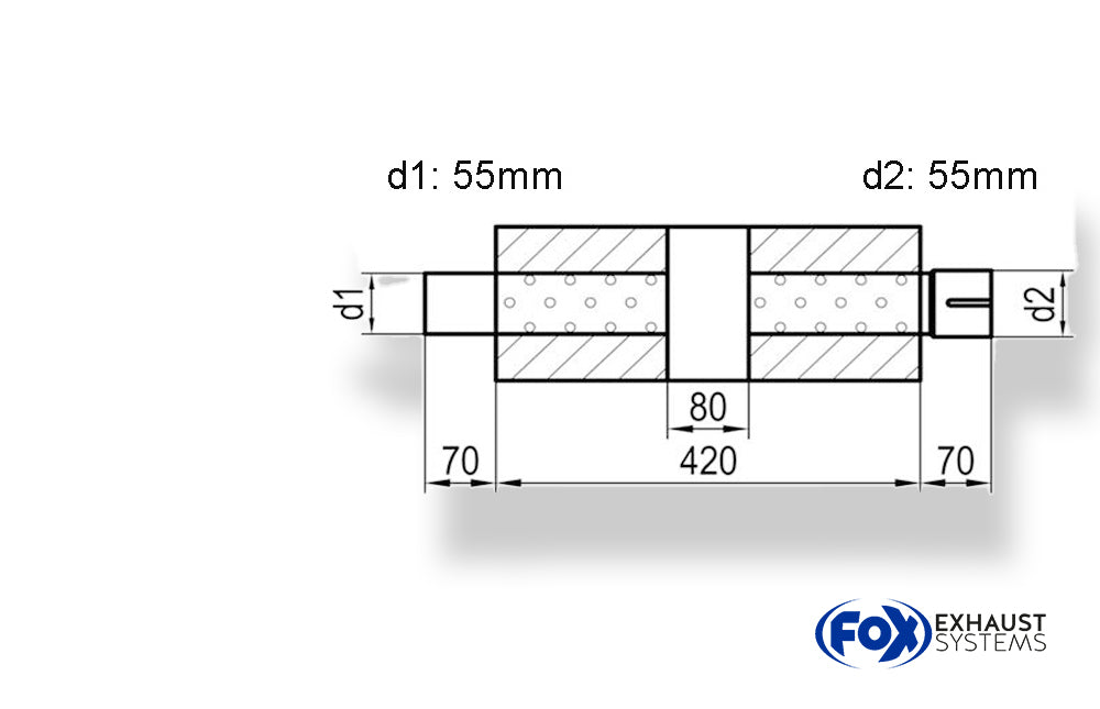 Fox Uni-Schalldämpfer trapez mit Kammer + Stutzen - Abw. 644 220x161mm, d1Ø 55mm (außen), d2Ø 55mm (innen), Länge: 420mm