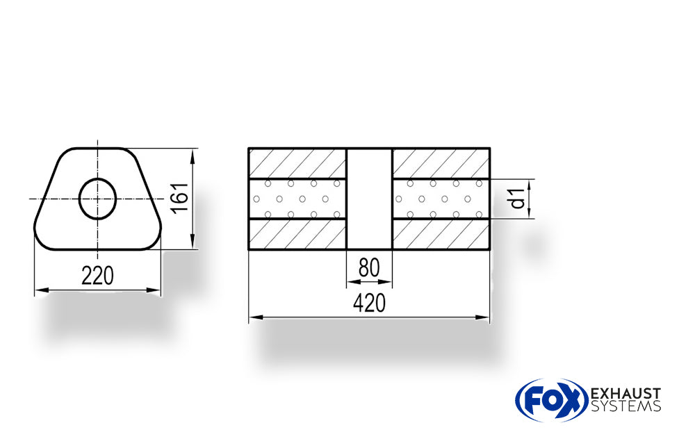 Fox Uni-Schalldämpfer trapez ohne Stutzen mit Kammer - Abw. 644 220x161mm, d1Ø 63,5mm, Länge: 420mm