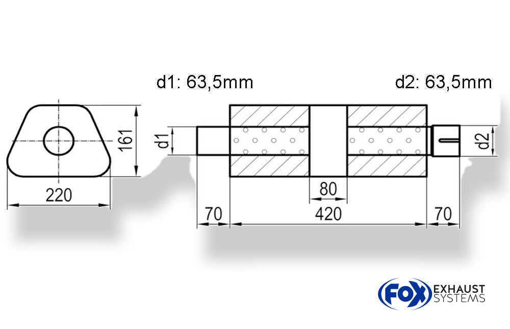Fox Uni-Schalldämpfer trapez mit Kammer + Stutzen - Abw. 644 220x161mm, d1Ø 63,5mm (außen), d2Ø 63,5mm (innen), Länge: 420mm
