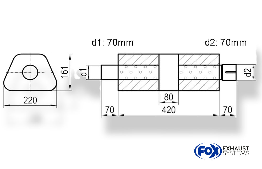 Fox Uni-Schalldämpfer trapez mit Kammer + Stutzen - Abw. 644 220x161mm, d1Ø 70mm (außen), d2Ø 70mm (innen), Länge: 420mm