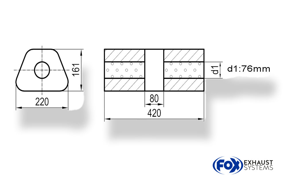 Fox Uni-Schalldämpfer trapez ohne Stutzen mit Kammer - Abw. 644 220x161mm, d1Ø 76mm, Länge: 420mm