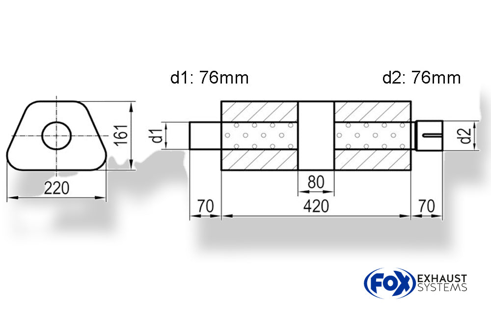 Fox Uni-Schalldämpfer trapez mit Kammer + Stutzen - Abw. 644 220x161mm, d1Ø 76mm (außen), d2Ø 76mm (innen), Länge: 420mm